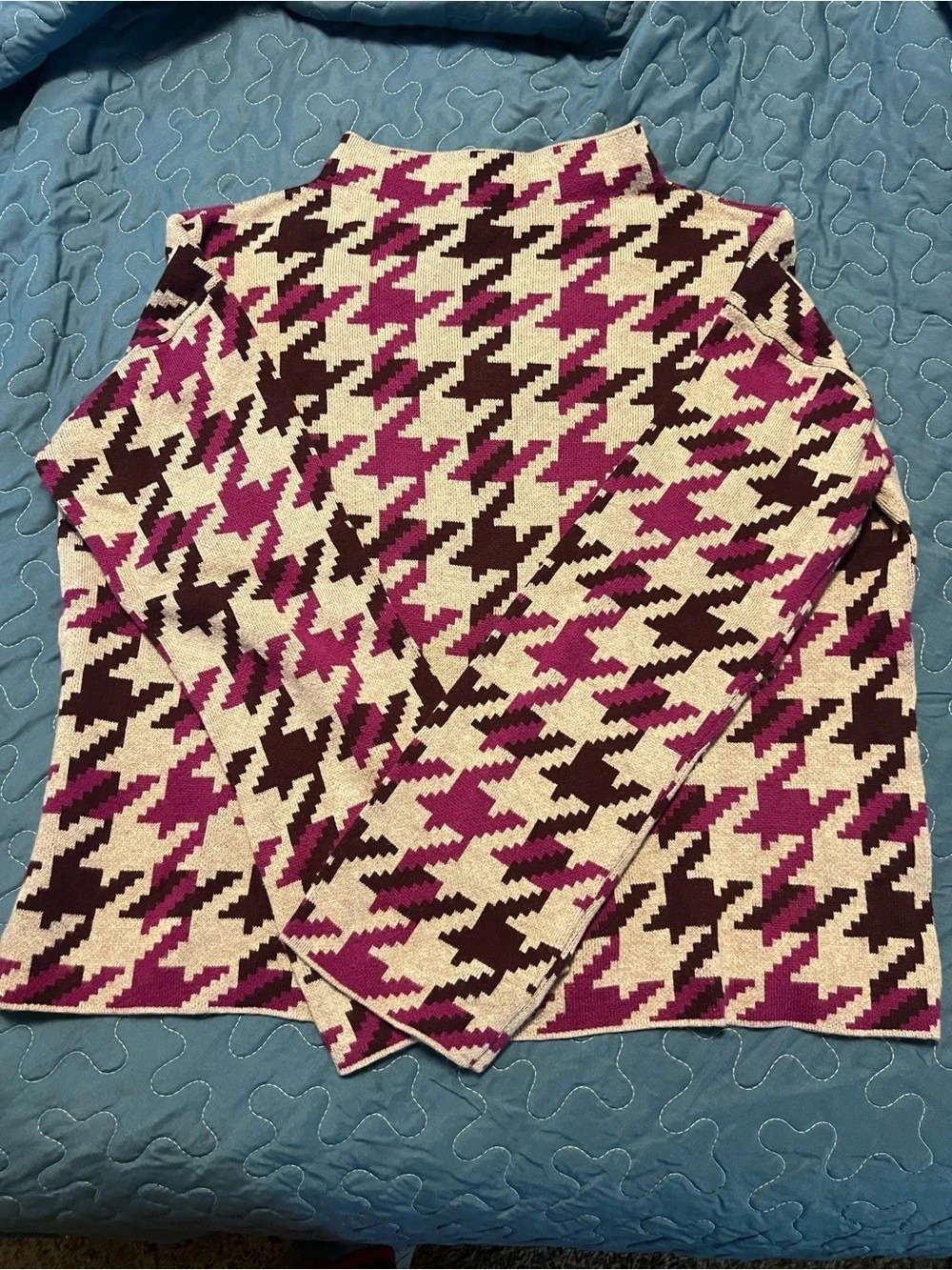 Ann Taylor Factory Houndstooth Mock Neck Sweater Pink & White Small